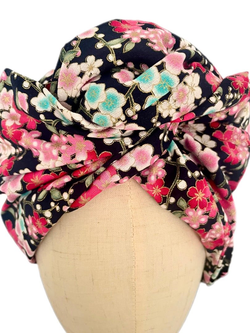 Turbante completo estilo floral japonés negro y rojo - KHAMALI