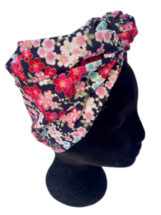 Turbante completo estilo floral japonés negro y rojo - KHAMALI