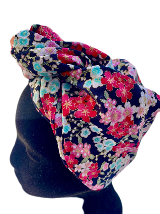 Turbante completo estilo floral japonés negro y rojo - KHAMALI