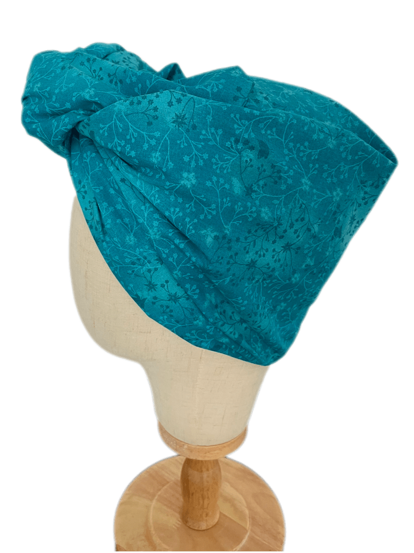 Turbante Japonés Oncológico con Alambre – Azul Turquesa con Flores - KHAMALI