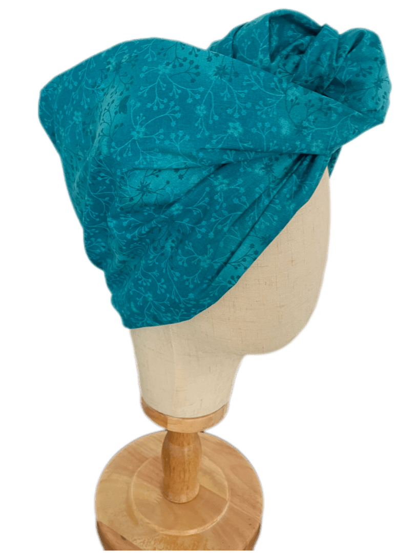 Turbante Japonés Oncológico con Alambre – Azul Turquesa con Flores - KHAMALI