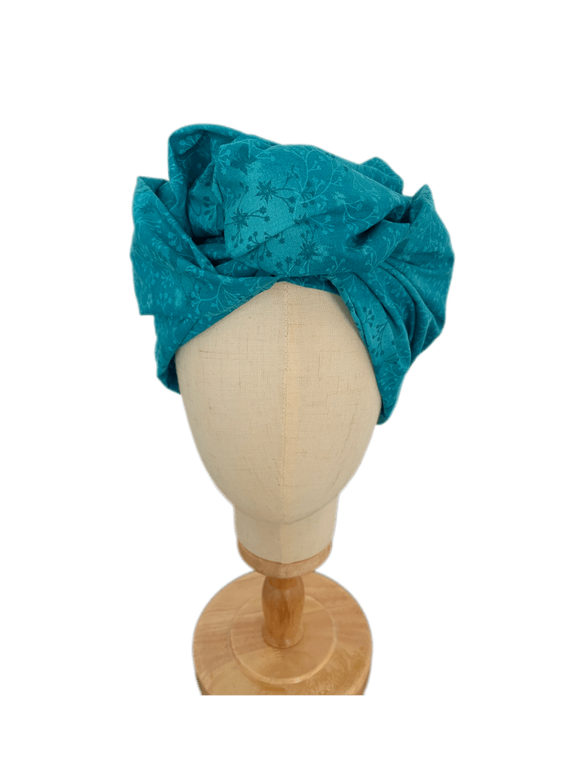 Turbante Japonés Oncológico con Alambre – Azul Turquesa con Flores - KHAMALI