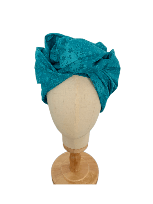 Turbante Japonés Oncológico con Alambre – Azul Turquesa con Flores - KHAMALI