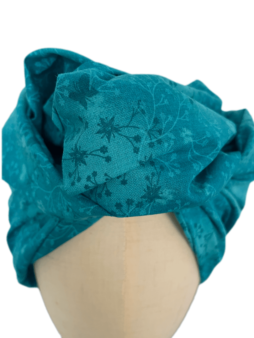 Turbante Japonés Oncológico con Alambre – Azul Turquesa con Flores - KHAMALI