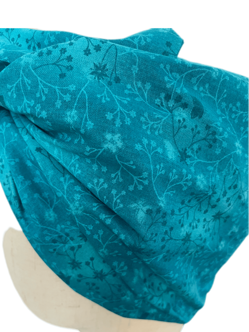 Turbante Japonés Oncológico con Alambre – Azul Turquesa con Flores - KHAMALI