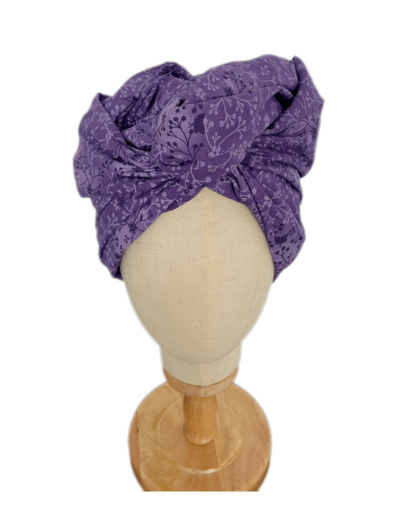 Turbante Japonés Oncológico con Alambre – Lila con Flores - KHAMALI