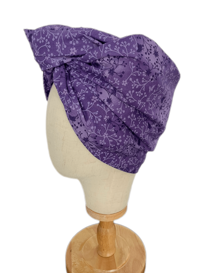 Turbante Japonés Oncológico con Alambre – Lila con Flores - KHAMALI