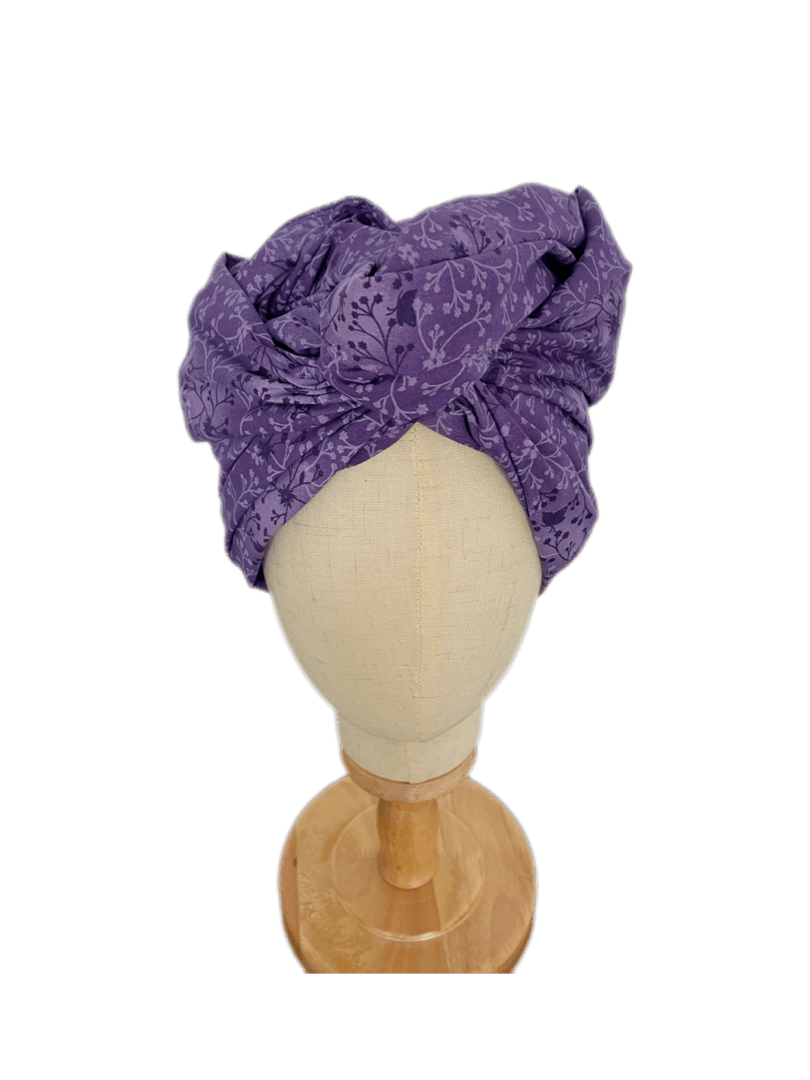 Turbante Japonés Oncológico con Alambre – Lila con Flores - KHAMALI