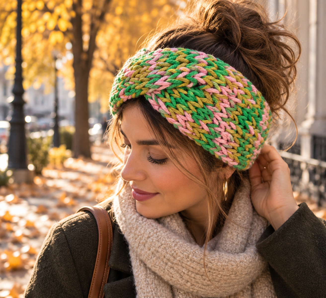 Turbante verde y rosa tejido a mano - KHAMALI
