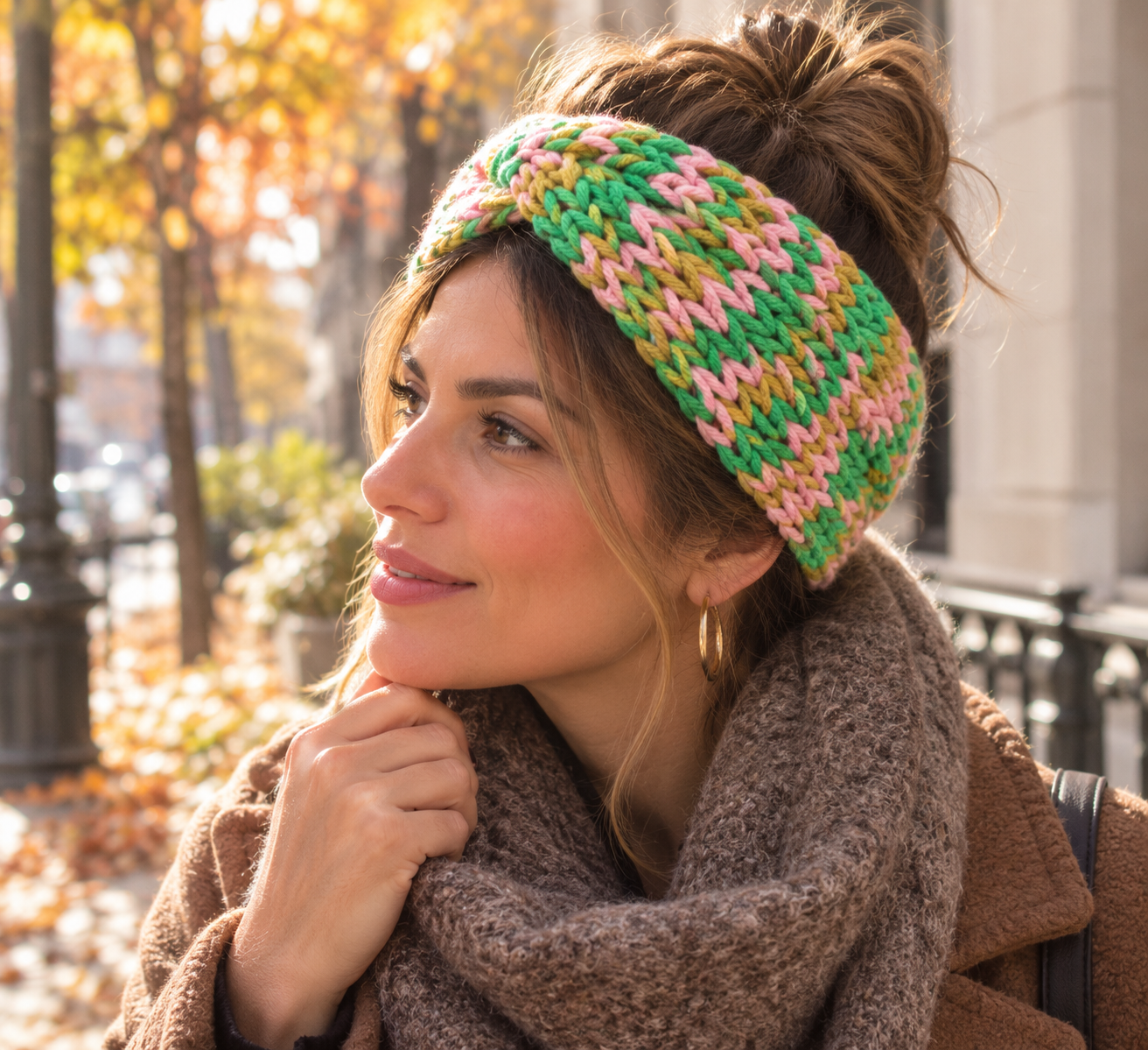 Turbante verde y rosa tejido a mano - KHAMALI