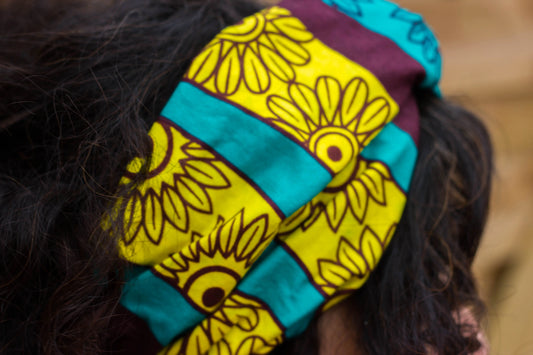 Turbante ankara doble capa envoltura cabello marrón, amarillo y azul con flores cinta ancha - KHAMALI