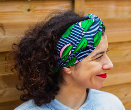 Turbante doble capa curly vintage retro azul, verde y rosa a rayas hecho a mano 100% algodón - KHAMALI