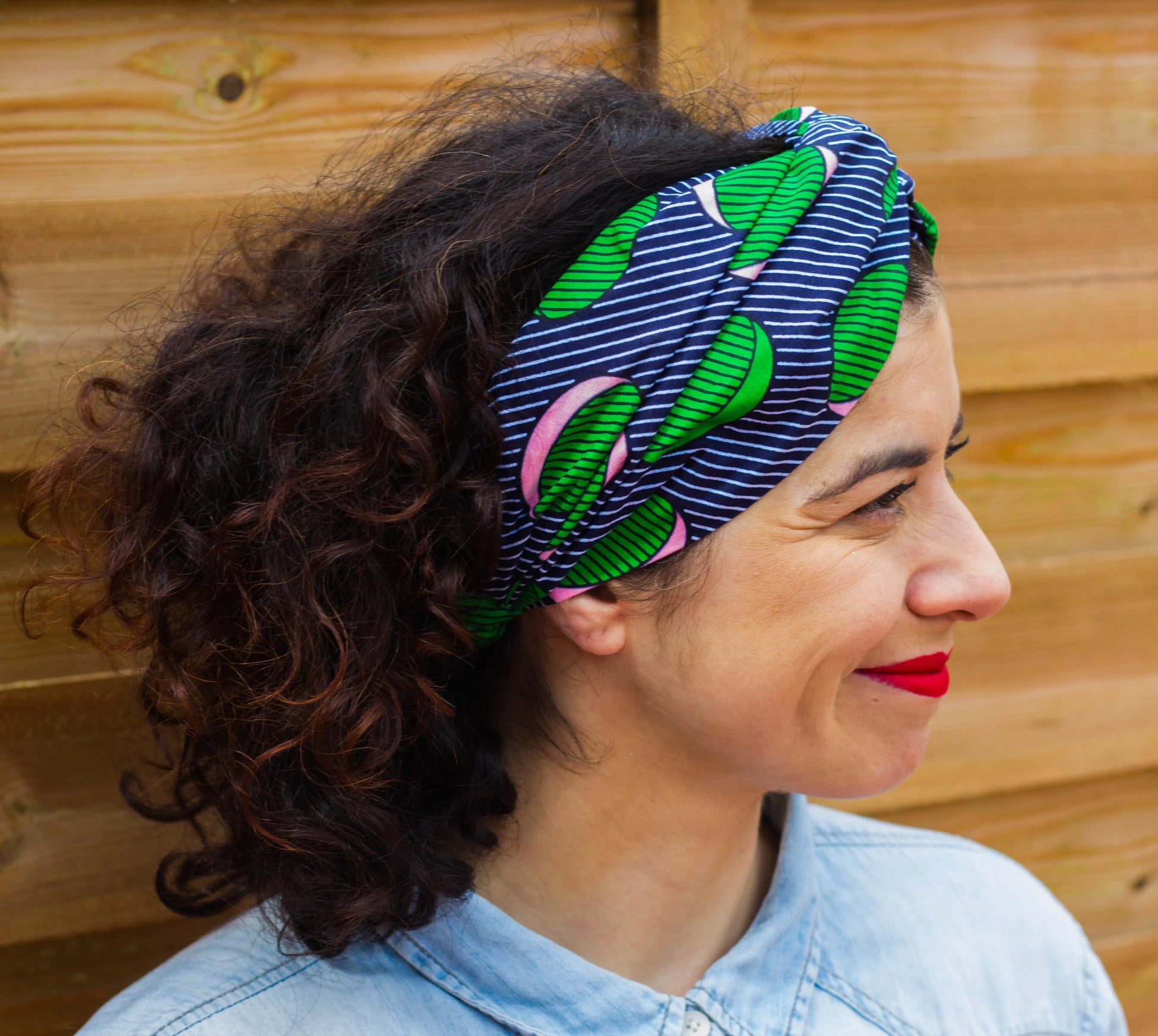 Turbante doble capa curly vintage retro azul, verde y rosa a rayas hecho a mano 100% algodón - KHAMALI