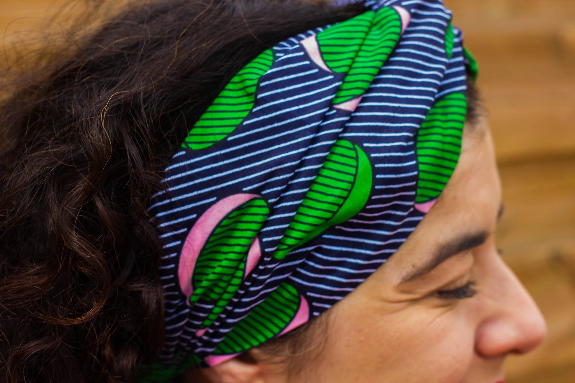Turbante doble capa curly vintage retro azul, verde y rosa a rayas hecho a mano 100% algodón - KHAMALI