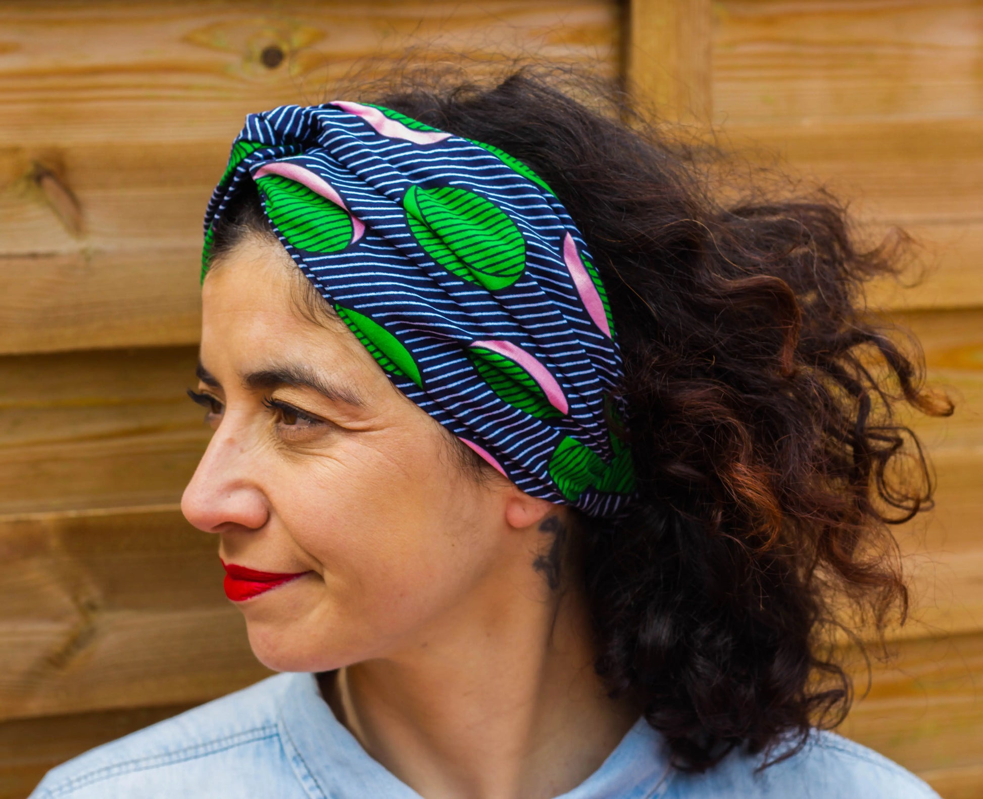 Turbante doble capa curly vintage retro azul, verde y rosa a rayas hecho a mano 100% algodón - KHAMALI