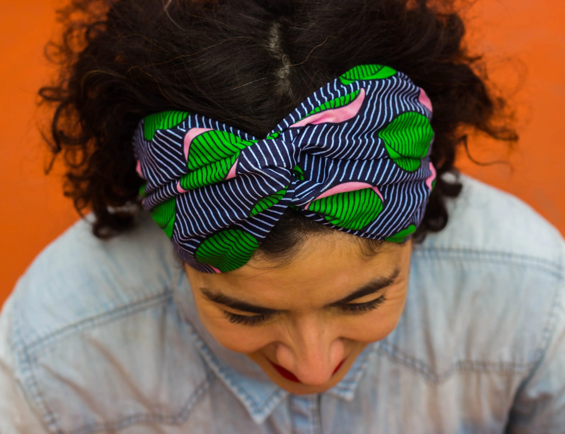 Turbante doble capa curly vintage retro azul, verde y rosa a rayas hecho a mano 100% algodón - KHAMALI