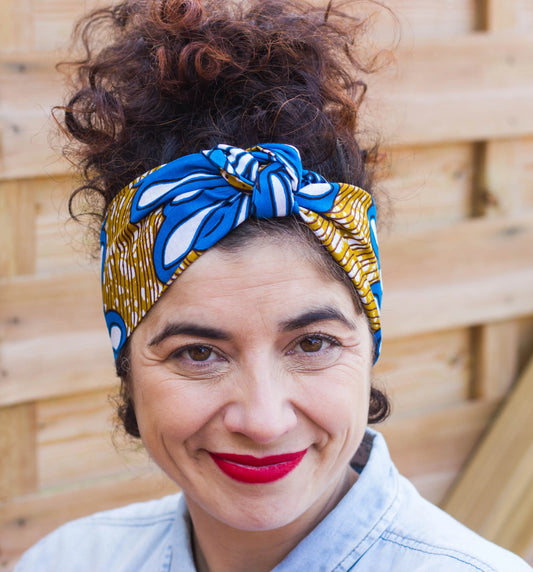 Diadema turbante flor grande azul, blanca y marrón - KHAMALI