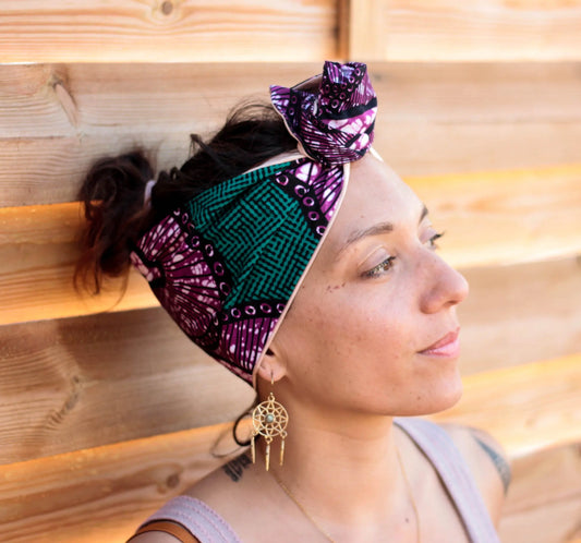 Precioso turbante lila y verde mujer poderosa hecho a mano con alambre en su interior - KHAMALI