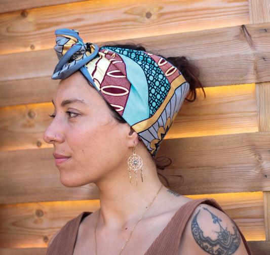 Turbante con alambre moldeable azul y dorado hecho a mano KHAMALI