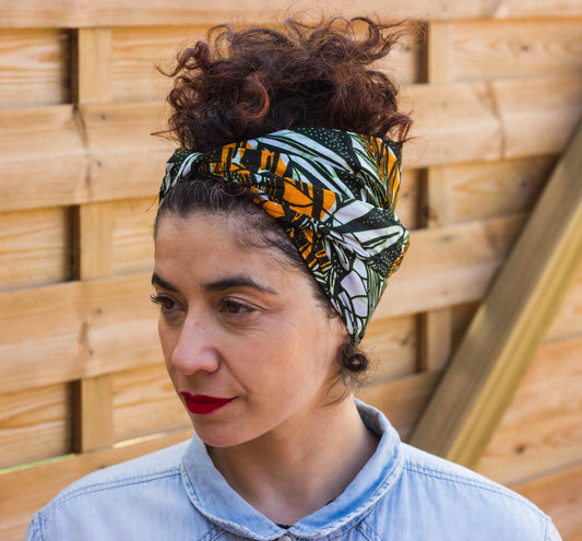 Turbante pin up regalo para ella estilo tropical blanco verde y ocre - KHAMALI