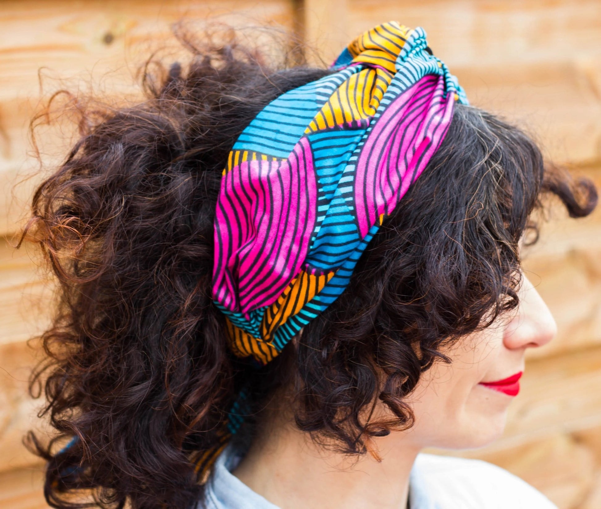 Turbante rosa, amarilla y azul a rayas doble capa hecho a mano africano 100% algodón - KHAMALI