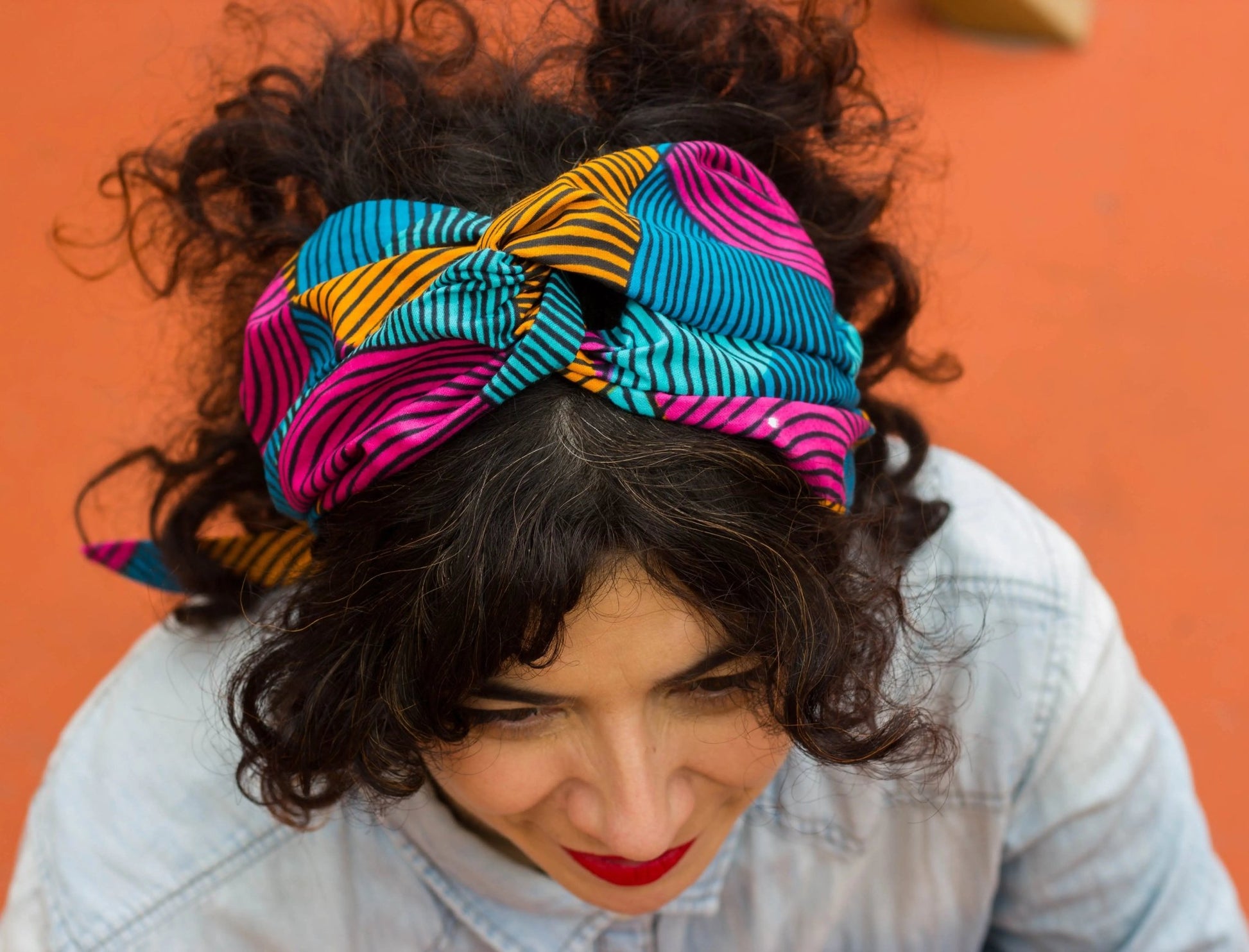 Turbante rosa, amarilla y azul a rayas doble capa hecho a mano africano 100% algodón - KHAMALI