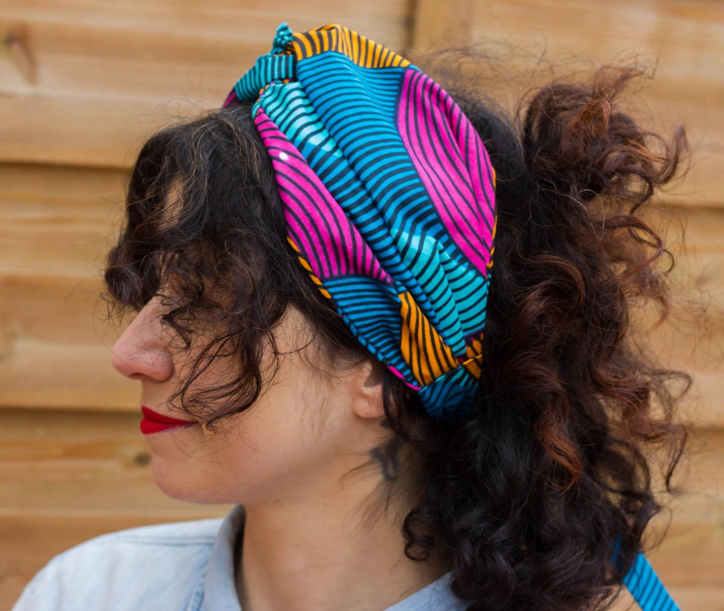 Turbante rosa, amarilla y azul a rayas doble capa hecho a mano africano 100% algodón - KHAMALI