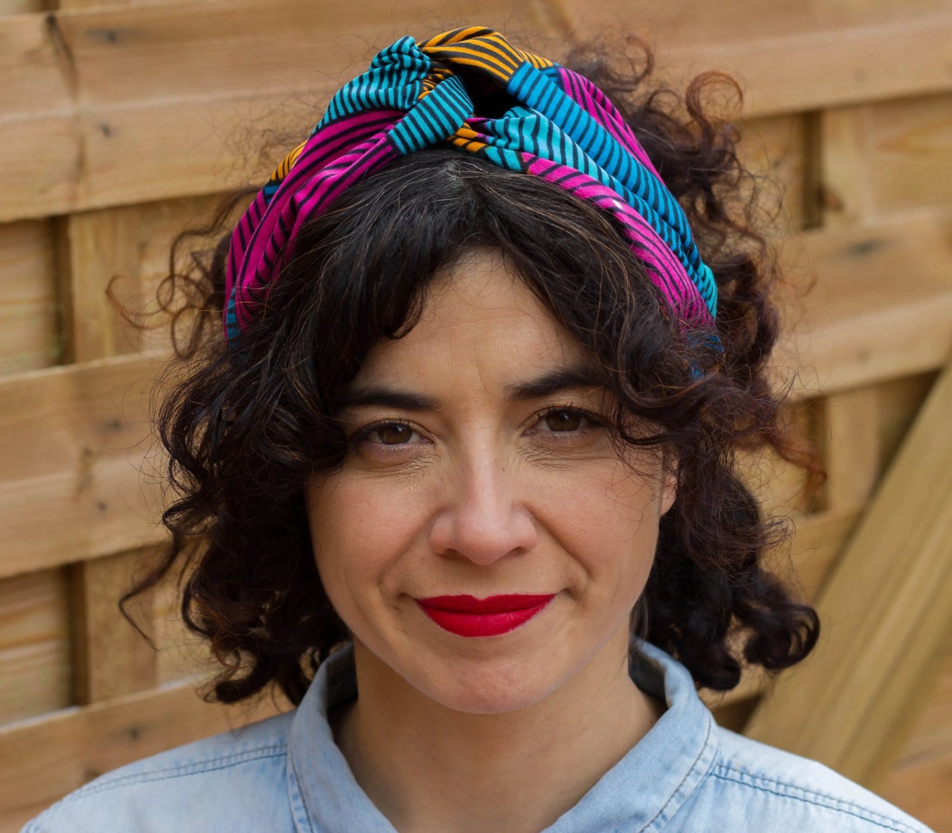 Turbante rosa, amarilla y azul a rayas doble capa hecho a mano africano 100% algodón - KHAMALI