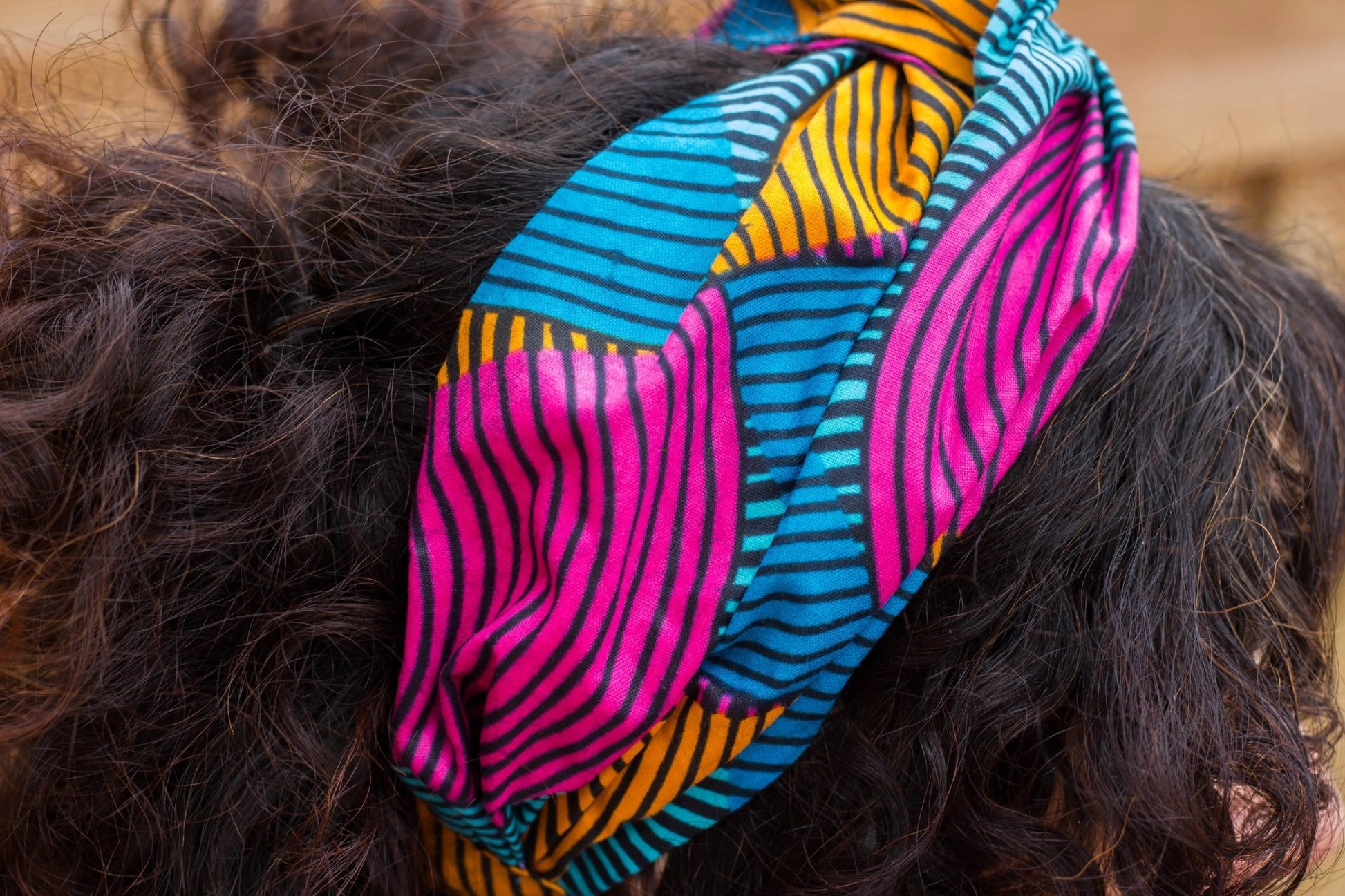 Turbante rosa, amarilla y azul a rayas doble capa hecho a mano africano 100% algodón - KHAMALI