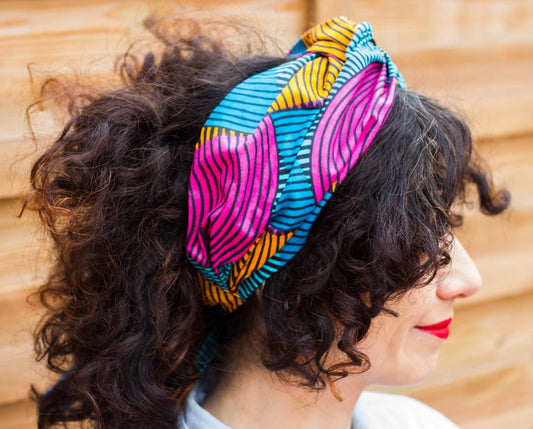 Turbante rosa, amarilla y azul a rayas doble capa hecho a mano africano 100% algodón - KHAMALI